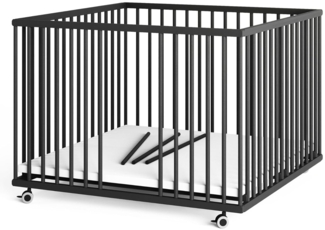 Sämann Laufstall Baby 100x100 cm mit Matratze Cloud Air und Schlupfsprossen | TÜV geprüft 2024 | stufenlos höhenverstellbar | Laufgitter Premium | Babybett aus Holz | Krabbelgitter Black Edition