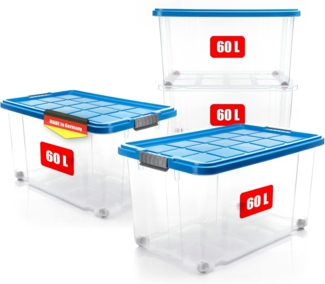 BigDean 4 Stück 60 L Aufbewahrungsbox mit Deckel groß azurblau - stapelbare robuste Box - rollbare Stapelbox mit festen Klickverschlüssen - Made in Germany