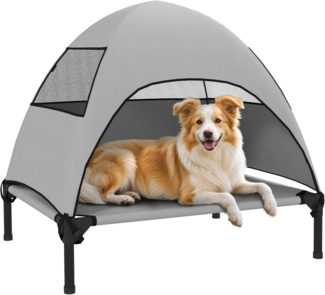 PawHut Tierbett mit Dach, waschbares Mesh Metallrahmen, Tragtasche, Polyester, für Mittelgroße Hunde, für Draußen Camping, 76x61x71cm, Hellgrau