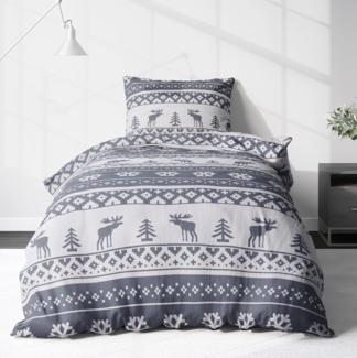 LINKHOFF Bettwäsche Weihnachtsbettwäsche 135x200 / 155x220 2tlg - Biber Bettwäsche, Weihnachten, Elch Motive, Bettwäsche aus 100% Baumwolle