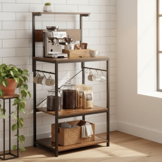 FurnitureR Küchenregal Mikrowellenregal Bäcker Regal aus Holz und Metal, Standregal mit 4 Ablagen und 6 Haken, Metallregal Lagerregal für Küche, Wohnzimmer, 60 X 42 X 129cm, Rustikales Braun