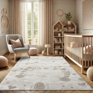 Teppich Kinderzimmer 160x230cm - Pastell Beige Creme - Kurzflor Spielteppich mit einer niedlichen Katze - Motiv