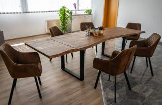 SAM Baumkantentisch 200 (300) x 100 cm Barcelona by Wolf Möbel, Akazienholz massiv & nougatfarben, Esstisch inkl. 2 Ansteckplatten 50x100 cm, echte Baumkante, U-Metallgestell in Schwarz