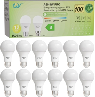 GY E27 Led Neutralweiss Glühbirne, 8W 1521LM Energiesparlampe, Ersetzt 100W lampen, Energieeffizienzklasse B, A60 Led Neutralweiß, Abstrahlwinkel 360°Leuchtmittel, Nicht Dimmbar, 12 Stück