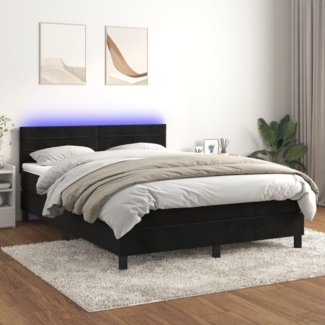 VidaXL Boxspringbett mit LED-Beleuchtung, Taschenfederkern-Matratze & Topper, Samt schwarz, 140x200 cm