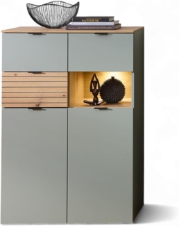 Stella Trading INA Highboard in Schilfgrün, Artisan Eiche Optik FSC-Zertifiziert - Moderner Wohnzimmerschrank mit Schubladen und LED-Beleuchtung - 84 x 125 x 45 cm (B/H/T)