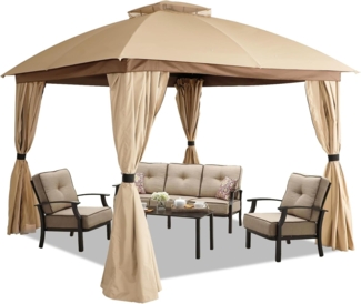 Sekey Garten Pavillon 3.3x3.3 m Wasserdicht Stabil Winterfest mit 4 Seitenteile, Kurvenkopf Doppeldach, Partyzelt Gartenzelt für Festival, Events, Partys, Picknick, Khaki