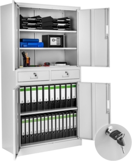 tectake Aktenschrank Büroschrank Cosmo mit 2 Schubfächern 40x80x180cm (Komplettset, 1-St, inkl. 8 Schlüssel) aus pulverbeschichtetem Stahl