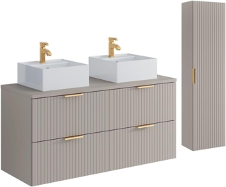 Vente-unique - Waschbeckenunterschrank hängend mit Ablagen & Aufsatzwaschbecken quadratisch - Streifenoptik - Beige - 120 cm - ZEVARA