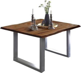 SAM Baumkantentisch 80x80 cm Mephisto, Akazienholz massiv + nussbaumfarben lackiert, Esstisch mit Silber lackiertem U-Gestell, Esszimmertisch/Holztisch im Industrial-Design, Tischplatte 26 mm