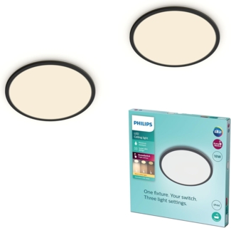 PHILIPS LED Badezimmer Deckenleuchte Superslim, schwarz, 18W, warmweißes Licht 2.700K, 3 Lichteinstellungen - dimmen ohne Dimmer, IP44 Schutz, Doppelpack