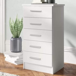 BAKAJI GTSC06 White Kommode Schrank 5 Schubladen aus MDF Holz Metallknöpfe modernes Design Möbel Haus Schlafzimmer Größe 35 x 41 x 108 cm (weiß), Holzwerkstoff, Unica