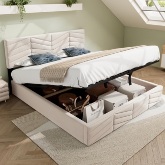 Merax Polsterbett 140x200 cm, Hydraulisch Doppelbett mit Lattenrost & Bettkasten, Funktionsbett mit Verstellbares Kopfteil, Samt Continentalbett, für Erwachsene&Jugendliche, ohne Matratze, Beige