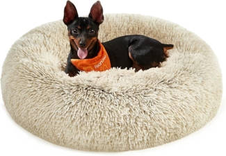 Feandrea Hundebett flauschig, Katzenbett, Donut Kissen, waschbar, Polsterung in der Mitte herausnehmbar, Langer Plüsch, 60 cm Durchmesser, Ombré-Khaki PGW038S01