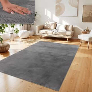 Paco Home Hochflor Teppich Wohnzimmer Flauschig Fellteppich Kunstfell Plüsch Shaggy Weich Fellimitat, Grösse:200x290 cm, Farbe:Anthrazit