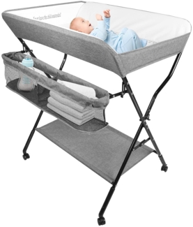 OHMG Baby Wickelkombi Klappbare Wickelkommode,Wickeltisch mit Rollen,Mobiler Wickeltisch mit Wickelauflage,Sicherheitsgurt und Ablagefächern,Wasserdicht und Höhenverstellbar,Stabil