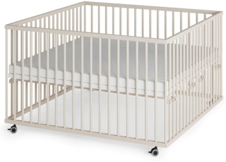 Sämann Laufstall Baby mit Matratze SleepPlus, Lattenrost und Schlupfsprossen | stufenlos höhenverstellbar | Laufgitter Premium | Babybett aus Holz | Krabbelgitter (sahara dust, 120x120 cm)