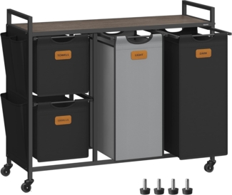 VASAGLE Wäschekorb 4 Fächer, Wäschesammler 150 L, Wäschesortierer, Rollen, Wäschewagen mit Ablage, Wäschesack, kleine seitliche Taschen, 6 Etiketten, kastanienbraun-tintenschwarz-taubengrau