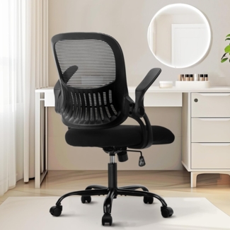 Sweetcrispy Bürostuhl Schreibtischstuhl Ergonomisch mit Hochklappbaren Armlehnen, Höhenverstellbarer Chefsessel Drehstuhl, Netzstuhl mit Wippfunktion bis 120° für das Heimbüro, Office, Studie, Schwar