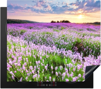 MuchoWow Herd-Abdeckplatte Blumen - Lavendel - Lila - Himmel - Sonnenuntergang - Wiese - Natur, Vinyl, (1 tlg), Küche Herdabdeckplatte Ceranfeld Vinyl Einteilig, 59x52 cm
