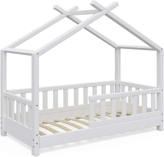 VitaliSpa Kinderbett Hausbett Design 70x140 cm Natur Zaun Kinder Bett Holz Haus Schlafen Hausbett Spielbett Inkl. Lattenrost und Fallschutzgitter