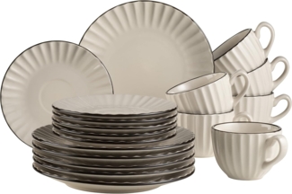 Retro Kaffeeservice fr 6 Personen in cremigem Wei mit schner Wellenform, 18-teiliges rundes Kaffeegeschirr Set mit Kaffeetassen, Untertassen und Dessertteller