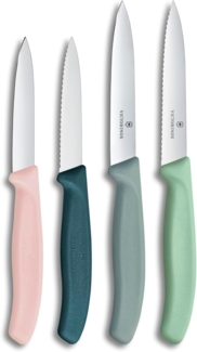 Victorinox Swiss Classic, Tomaten- und Gemüsemesser Set, 4teilig, Scharfe Klinge, 8 und 10 cm, Wellenschliff, Rostfreier Stahl, Farbig