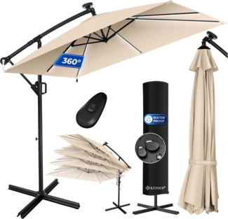 KESSER® 'Holly' Ampelschirm mit LED Solar und Ständer, inkl. Abdeckung und Windsicherung mit Kurbel, Aluminium beige, Ø 350 cm