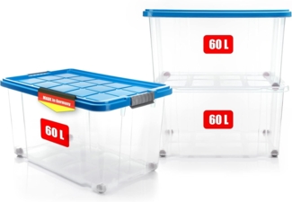 BigDean 3 Stück 60 L Aufbewahrungsbox mit Deckel groß azurblau - stapelbare robuste Box - rollbare Stapelbox mit festen Klickverschlüssen - Made in Germany