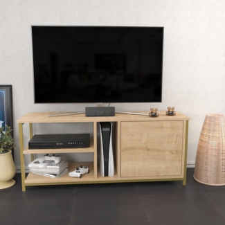 Hanah Home Glamorous TV Stand, Gold & Oak, 120 x 35.3 x 50.8 cm | 100% Melamine Coated Particle Board, 18 mm Thick | Stylish & Functional for Modern Living Rooms