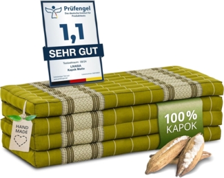 Nachhaltige Klappmatratze aus Kapok, breite Gästematratze vierteilig, Faltbare Matratze, ökologische Yogamatte, klappbares Gästebett, Liege für Garten und Balkon 200 x 110 x 8 cm (Grün)