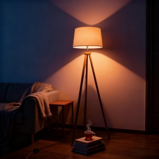 CCLIFE Modern Stehlampe LED Holz Standleuchte Stehleuchte Stoffschirm Schwenkbar E27 für Schlafzimmer Esszimmer Hotel Flur Halle, Farbe:Beige-Lampeschirm