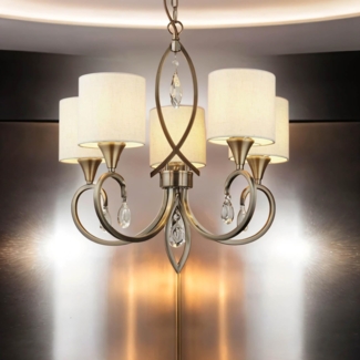 Licht-Erlebnisse Kronleuchter KENZIE, ohne Leuchtmittel, in Messing Antik Natur 5-flammig E14 Stoff Metall Klassisch