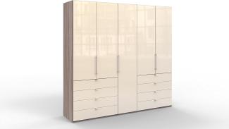 WIEMANN Loft Kleiderschrank, Schlafzimmerschrank, Gleittürenschrank, Drehtürenschrank, mit Schubladen, Glas magnolie, Trüffeleiche, Holz, B/H/T 250 x 236 x 58 cm