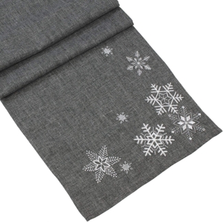 Tischläufer in edlem grau mit Stickerei "Eiskristall" in silber, 40x140 cm