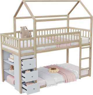 Etagenbett mit Lattenrost, Regal und Schubladen, 90x200 cm, Kinderbett mit Rausfallschutz, Hausbett, Jugendbett, Kiefer