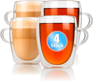 BigDean 4 Stück doppelwandige Latte Macchiato Gläser mit Henkel 300 ml Teetasse Thermogläser Teegläser Kaffeegläser in Geschenkverpackung