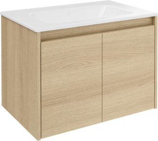 FACKELMANN COMPACT LINE Waschbecken mit Unterschrank 71 cm breit, Braun hell, Waschbecken Keramik Weiß, 2 Türen