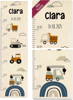 Bagger - Baustelle Baustellenfahrzeuge Baby Messlatte Kinder Kleinkinderzimmer Kran LKW Traktor - 0-60 cm - Holz - messlatten für baby- & kind