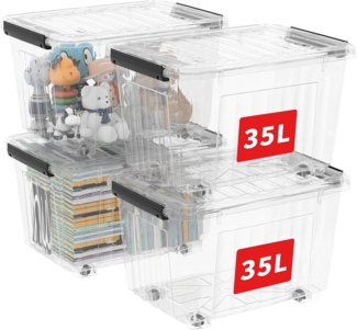 Cetomo,35L*4,4er-Pack, Aufbewahrungsbox mit deckel,Aufbewahrungsboxen, mit Clips, stapelbar, Wohnzimmer, Schlafzimmer. lebensmittelecht,Verschlussclips,Neumaterial Plastik-Box transparent