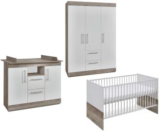 Arthur Berndt 'Selina' Babyzimmer Komplettset 3-teilig, Kinderbett (70x140 cm), Wickelkommode mit Wickelaufsatz und Kleiderschrank Platinum Oak / Weiß