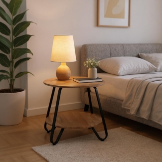 MEUBLE Cosy Nachttisch Ronde Nachtschrank mit offenen Ablagen für Schlafzimmer, Industrie, aus Ingenieurholz Metall, Hellbraun + Schwarz