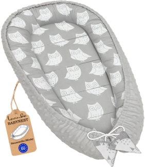 Leanbe Babynest 90x50 cm – Babynestchen für Neugeborene, Nestchen Baby aus Baumwolle & Polyester, Bettnestchen für Winter/Herbst, Baby Nest Set für Indoor & Outdoor (MINKY GRAU - EULEN)