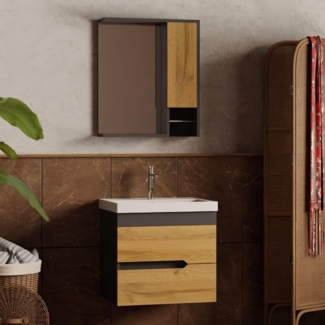 Karen Badmöbel-Set Badmöbel Set Marmara Anthrazit 65, (Komplett-Set, 3-Teilig (Unterschrank, Spiegelschrank, Waschbecken), 3-St, Unterschrank mit Schubladen, Spiegel mit Regalen, Keramikwaschbecken), Innovatives Design, MDF Lam, Softclose, Funktionalität