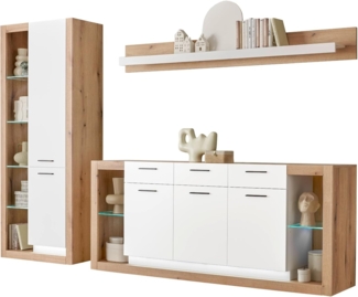 Wohnwand Rivian in weiß matt und Eiche 3-teilig 298 cm