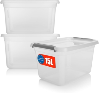 BigDean 3 Stück 15 L Aufbewahrungsbox mit Deckel transparent BPA- frei & lebensmittelecht – stapelbare robuste Aufbewahrungsbox – Aufbewahrungsboxen mit Klickverschluss