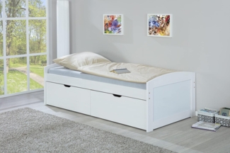 Containerbett mit 2 großen Schubladen, Kiefernholz massiv weiß lackiert, 98 x 205 x 63 cm, inkl. Netz