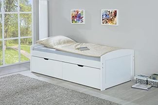 Containerbett mit 2 großen Schubladen, Kiefernholz massiv weiß lackiert, 98 x 205 x 63 cm, inkl. Netz