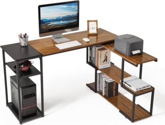Mondeer Eckschreibtisch Computertisch, mit 360 Grad Drehbarem S-Regal, 2 Höhenverstellbare Regale, L-förmig