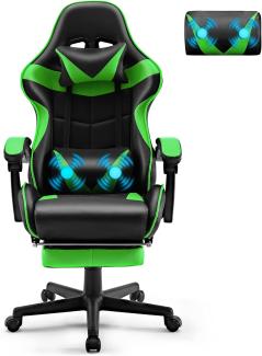 Soontrans Gaming Stuhl Massage, Gaming Sessel mit Fußstütze & Kopfstütze & Massage-Lendenkissen, Gepolsterte Armlehnen, Ergonomisch Gaming Stuhl für Gamer YouTube Livestreaming Xbox (Grün)